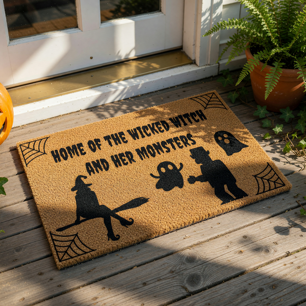 Wicked Witch Halloween doormat featuring a natural coir welcome mat with black spiderweb corners and silhouettes of a witch on a broom, a ghost, and a monster, perfect for spooky front porch decor and seasonal home entryway floor