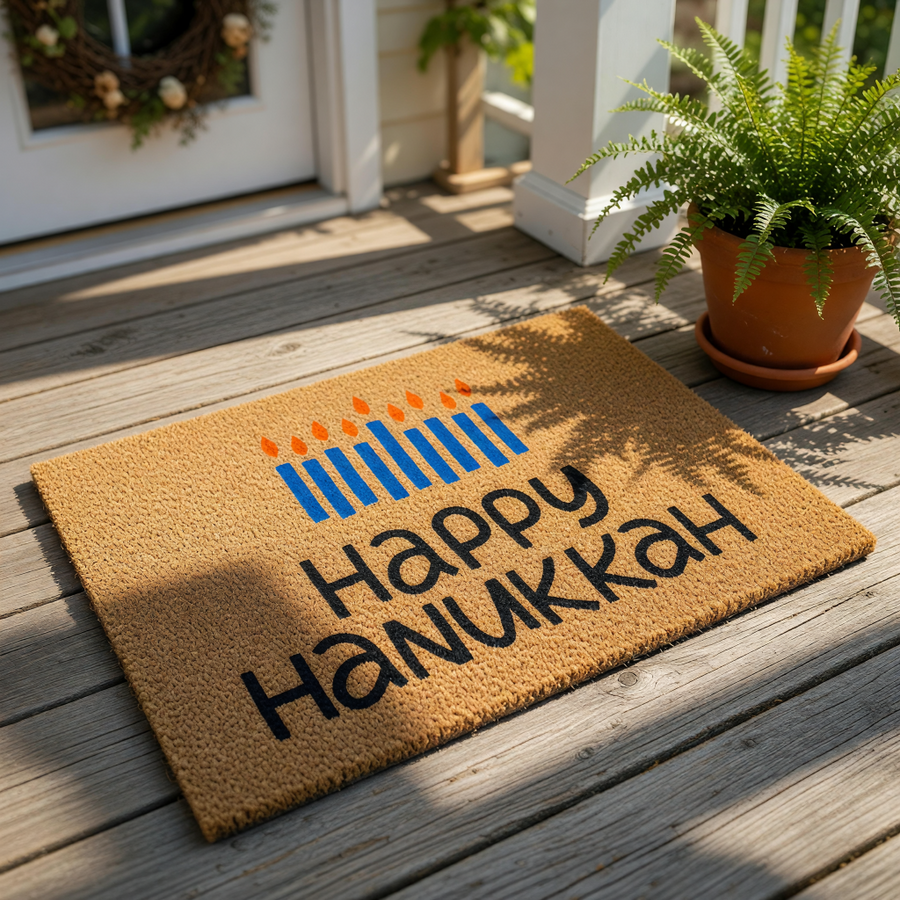 A mat with the text "Happy Hanukkah" printed on it, along with a graphic of lit candles.