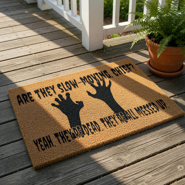 Zombie themed welcome doormat featuring spooky hand silhouettes and funny horror movie quote text on a natural coir fiber mat, perfect for a scary front porch decor display during the fall season or for any fan of undead humor.