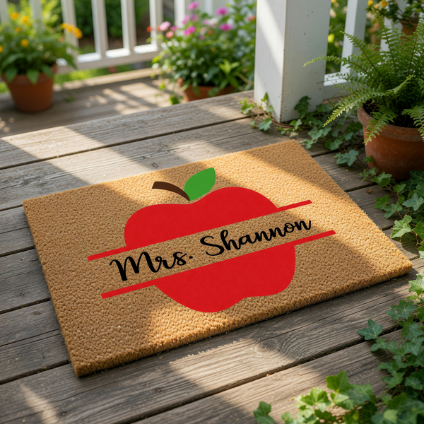 A red apple with a green leaf on top, with the text "Mrs.