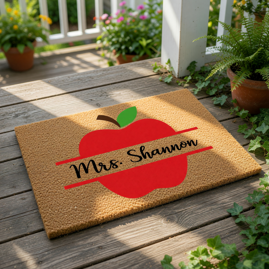 A red apple with a green leaf on top, with the text "Mrs.