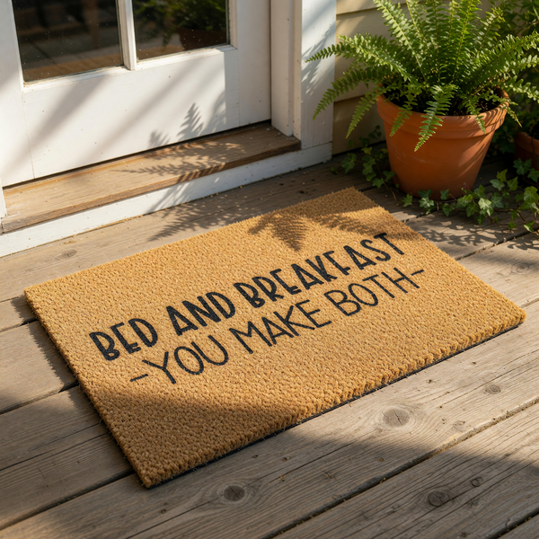 Funny Bed and Breakfast You Make Both doormat featuring bold black text on a natural coir fiber mat, this humorous welcome mat is a perfect front porch decor piece for your home entrance or a housewarming gift for friends and