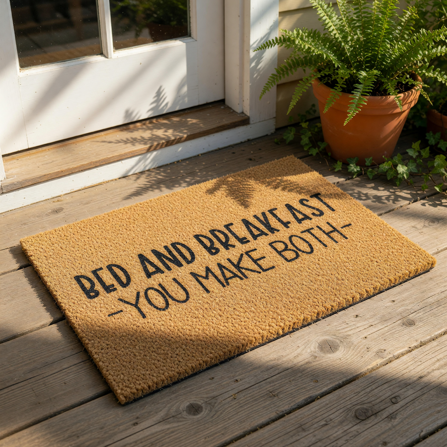 Funny Bed and Breakfast You Make Both doormat featuring bold black text on a natural coir fiber mat, this humorous welcome mat is a perfect front porch decor piece for your home entrance or a housewarming gift for friends and