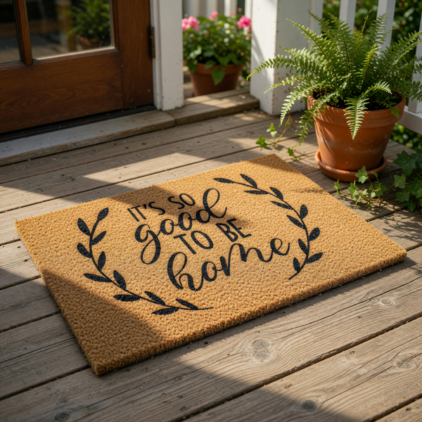 It's So Good To Be Home coir doormat with a black leaf wreath design, this natural fiber welcome mat features farmhouse typography and is a durable outdoor floor rug for your front porch entry or housewarming decor.