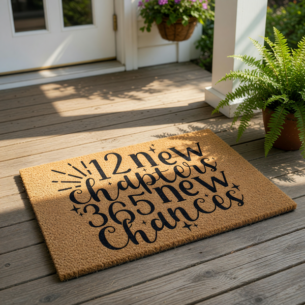 New Year welcome doormat featuring 12 new chapters 365 new chances text in black script on a natural coir fiber mat, perfect for a front porch entry rug or housewarming decor for a fresh start in the upcoming year.