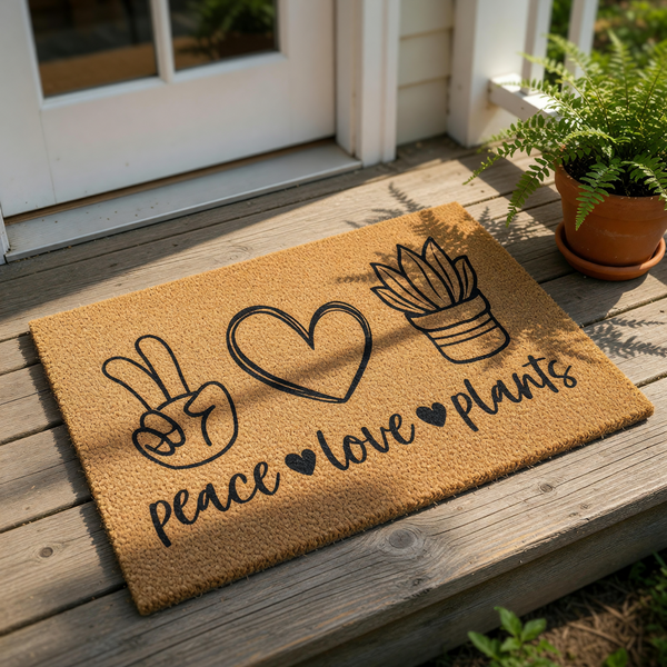 Peace Love Plants doormat featuring a natural coir fiber texture with black ink icons of a peace sign, a heart, and a potted succulent, making this a fun outdoor welcome mat for any plant lover or gardener home entrance decor.