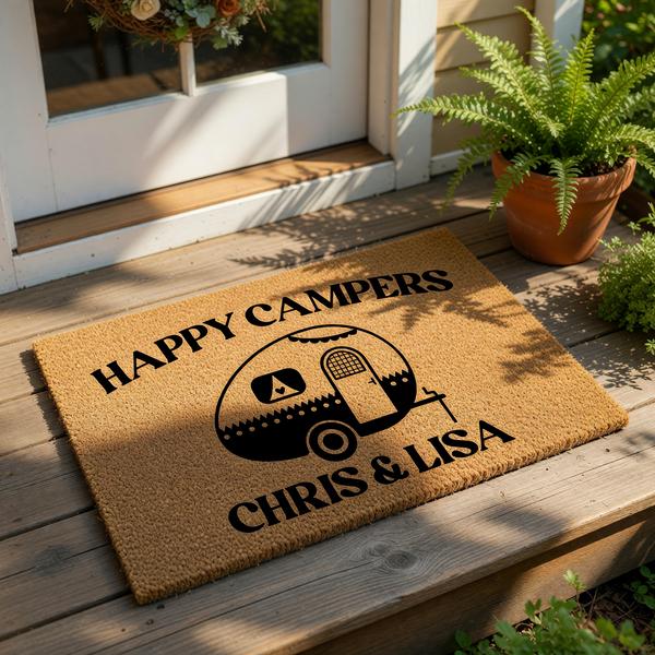 Personalized Happy Campers doormat featuring a cute travel trailer illustration on natural coir fiber, making this custom outdoor welcome mat a fun camping decor accessory for any RV, camper van, or outdoor living space entrance.
