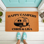 Personalized Happy Campers doormat featuring a vintage travel trailer illustration on natural coir fiber, perfect for a camping themed front porch decor or a custom outdoor welcome mat for RV owners and outdoor enthusiasts.