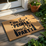 Funny party doormat with the text we the people want to party, featuring beer bottle icons and stars on a natural coir fiber welcome mat, perfect for a front porch, entryway, or home decor for those who love hosting and drinking.