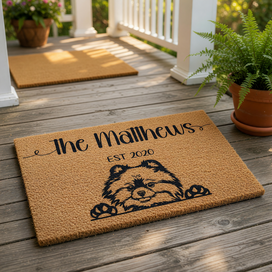 Personalized Pomeranian dog doormat for front porch, featuring a cute custom pet illustration on natural coir fiber.