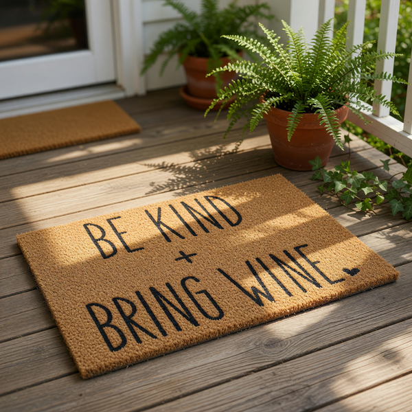Be Kind and Bring Wine doormat featuring bold black text on a natural coir fiber mat, this funny welcome mat is a stylish front porch decor piece that makes a humorous housewarming entry rug for any wine lover home entrance.