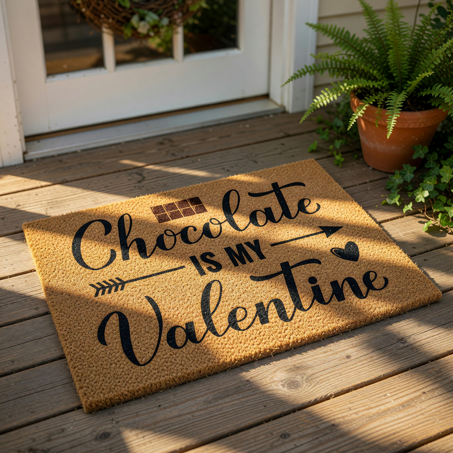 Chocolate Is My Valentine doormat featuring a brown coir welcome mat with black text and a chocolate bar graphic, perfect for a funny holiday front porch decor piece or a seasonal entryway floor mat for your home or apartment