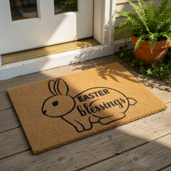 Easter Blessings bunny doormat featuring a cute rabbit silhouette on natural coir fiber, this spring welcome mat is a festive front porch rug for seasonal home decor that adds a charming touch to your entryway during the holiday