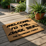 Personalized welcome doormat featuring a funny sci-fi movie quote design on natural coir fiber.