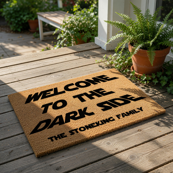 Personalized welcome doormat featuring a funny sci-fi movie quote design on natural coir fiber.
