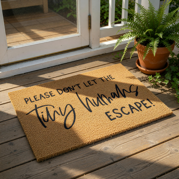 Funny tiny humans escape doormat for front porch, featuring natural coir fiber material with bold black text.