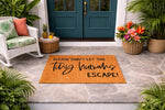 Funny Tiny Humans Escape doormat for front porch entry, featuring a natural coir fiber welcome mat with bold black text, perfect for parents and families looking for a humorous outdoor floor rug for their home entrance decor.