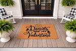 Donuts Are My Valentine coir doormat for front porch decor, featuring a natural fiber welcome mat with black script text and donut graphic, perfect for a festive February holiday entryway or a fun seasonal home entrance floor rug.