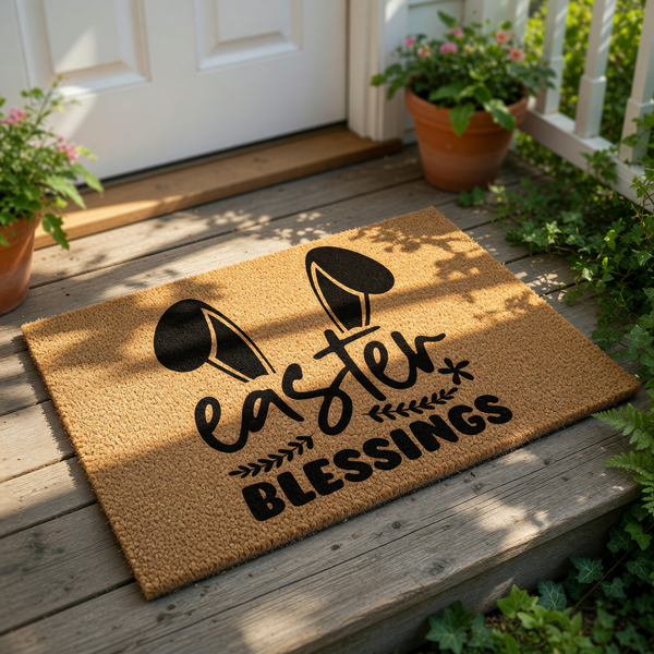 Easter Blessings coir doormat featuring black bunny ears and festive spring typography on a natural fiber welcome mat, perfect for seasonal front porch decor and spring home entryways to greet guests with holiday cheer.