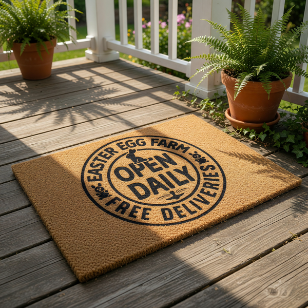 Easter Egg Farm coir doormat featuring a black circular design with a bunny silhouette, perfect for spring porch decor and seasonal entryway mats, this natural fiber welcome mat adds a festive touch to your home for the holiday