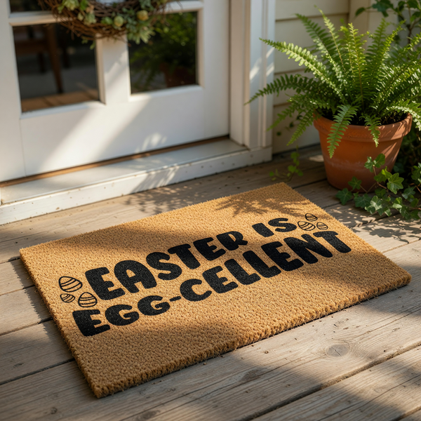 Easter is Egg-cellent coir doormat with black text and decorative egg icons, perfect for a spring front porch welcome mat or seasonal home decor entry rug that adds a fun holiday touch to your entryway floor and outdoor house