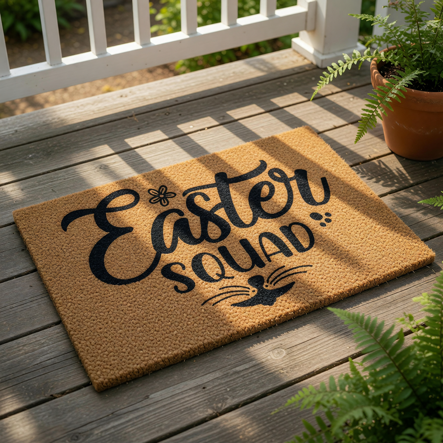 Easter Squad coir doormat featuring a festive spring holiday design with black text and a cute bunny nose graphic, perfect for a seasonal front porch welcome mat or entryway floor decor for your home during the spring holiday