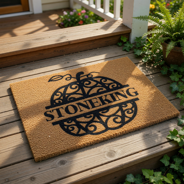 Personalized pumpkin doormat featuring a decorative scrollwork design and custom family name text, this natural coir welcome mat is a stylish fall porch decor piece for your home entrance and outdoor entryway floor covering.