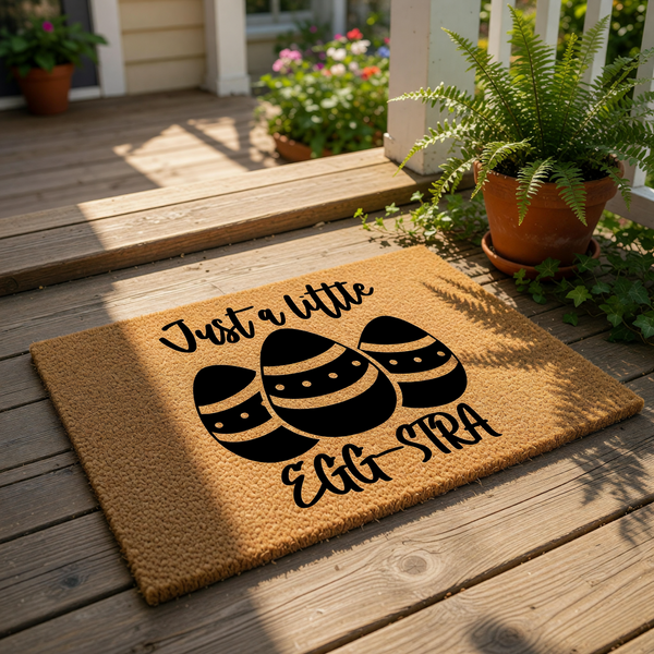 Easter egg doormat with a funny pun design featuring three black patterned eggs and the text Just a little EGG-STRA, this natural coir fiber welcome mat is a festive spring home decor piece for your front porch or entryway floor.