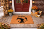 St. Patrick's Day doormat featuring a festive top hat and shamrock design on a natural coir welcome mat, displayed on a front porch with autumn decor to create a seasonal entryway floor mat for your home entrance and front door.