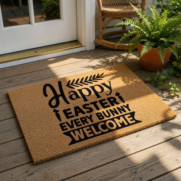 Happy Easter Every Bunny Welcome doormat made of natural coir fiber, featuring a festive spring holiday design with black text and carrot icons on a durable outdoor welcome mat for your front porch entry decor during the spring