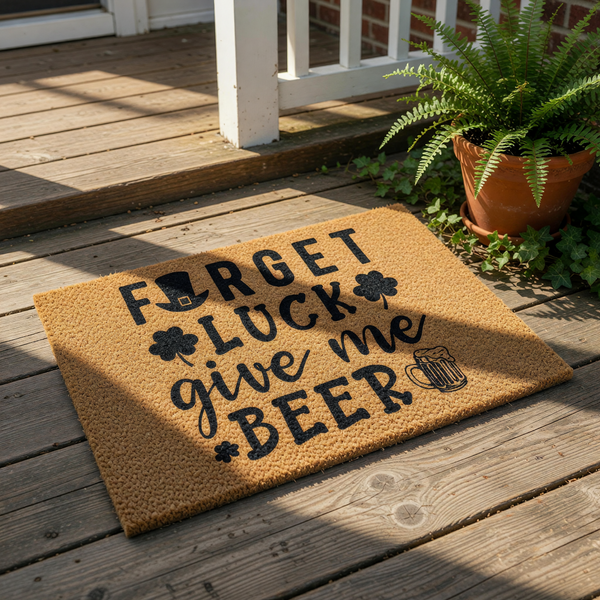 Funny holiday doormat with a natural coir texture featuring black text that reads Forget Luck Give Me Beer, decorated with shamrock icons, a leprechaun hat, and a beer mug graphic for a festive spring porch welcome mat decor.
