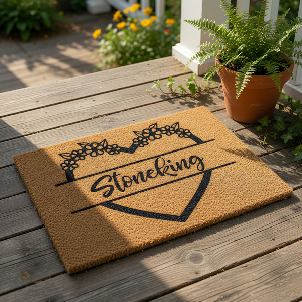 Personalized family name doormat featuring a heart shape with floral accents, this custom coir welcome mat is a durable outdoor floor rug for your front porch entry, perfect for housewarming decor or a new home entrance gift.