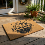 Personalized mountain lake doormat featuring a nature-inspired landscape design on durable coir fiber, perfect as a custom outdoor welcome mat for your home entrance, cabin, or porch decor with a rustic outdoor adventure theme.