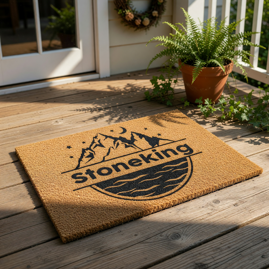 Personalized mountain lake doormat featuring a nature-inspired landscape design on durable coir fiber, perfect as a custom outdoor welcome mat for your home entrance, cabin, or porch decor with a rustic outdoor adventure theme.