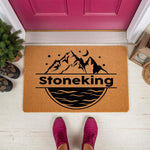 Personalized mountain lake doormat featuring a nature-inspired landscape design with a crescent moon and stars, perfect as a custom outdoor welcome mat for a front porch entrance, durable coir fiber floor rug for home decor.