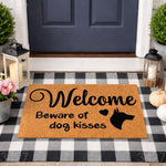 German Shepherd dog welcome doormat featuring a cute dog silhouette and heart, this natural coir fiber front porch mat says Beware of dog kisses and makes a funny pet lover home decor gift for any dog owner entryway or patio.