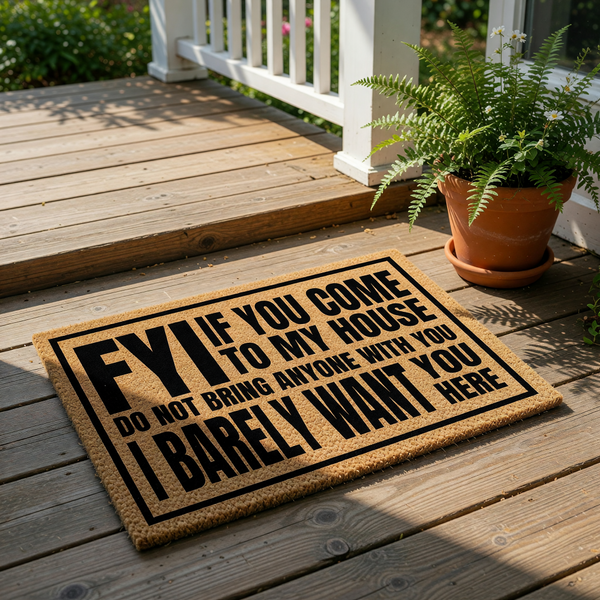 Funny doormat with bold black text that reads FYI if you come to my house do not bring anyone with you I barely want you here, this natural coir fiber welcome mat is a sarcastic home decor piece for your front porch or entryway