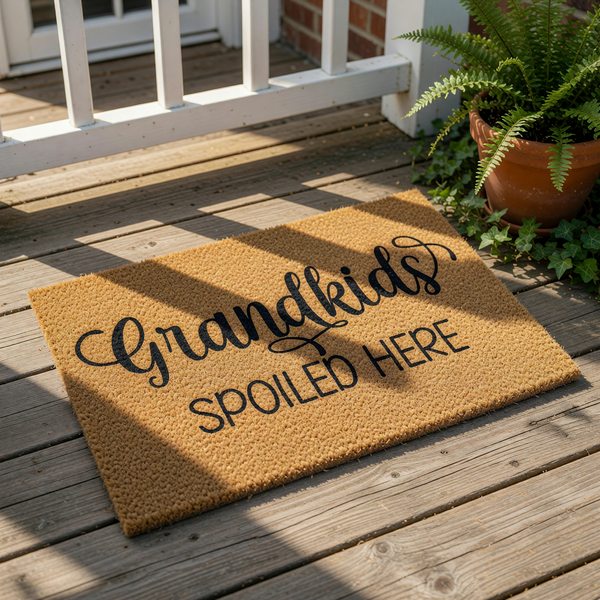 Grandkids Spoiled Here doormat featuring natural coir fiber material with black script text, a funny welcome mat for a grandparent home entrance that makes a humorous housewarming decor piece for a front porch or entryway.