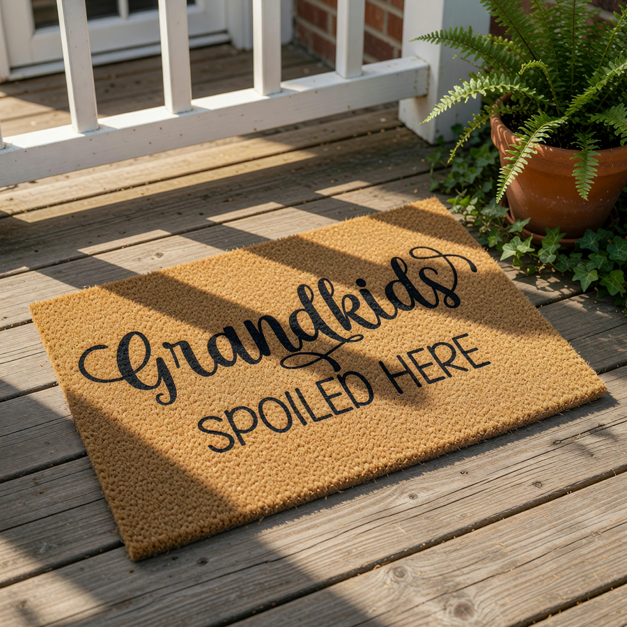 Grandkids Spoiled Here doormat featuring natural coir fiber material with black script text, a funny welcome mat for a grandparent home entrance that makes a humorous housewarming decor piece for a front porch or entryway.