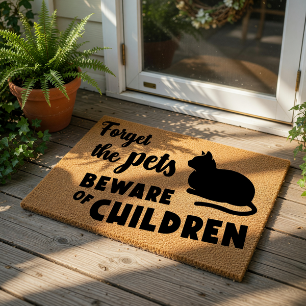 Forget the pets beware of children coir doormat featuring a black cat silhouette, this funny front porch welcome mat is a durable natural fiber rug for parents who want a humorous home entrance decor piece for their house or