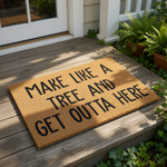Funny doormat with the text Make Like A Tree And Get Outta Here printed in black on a natural coir fiber welcome mat, perfect for a front porch entry, housewarming gift, or a humorous home decor accent for your front door