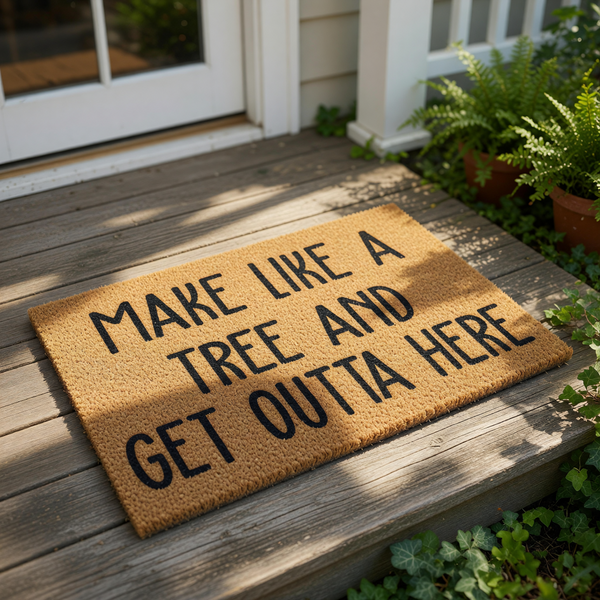 Funny doormat with the text Make Like A Tree And Get Outta Here printed in black on a natural coir fiber welcome mat, perfect for a front porch entry, housewarming gift, or a humorous home decor accent for your front door