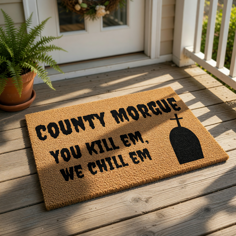 County Morgue doormat with funny horror decor, featuring a tombstone graphic and the text You Kill Em We Chill Em on a natural coir fiber welcome mat, perfect for a spooky front porch or a dark humor home entrance floor rug.