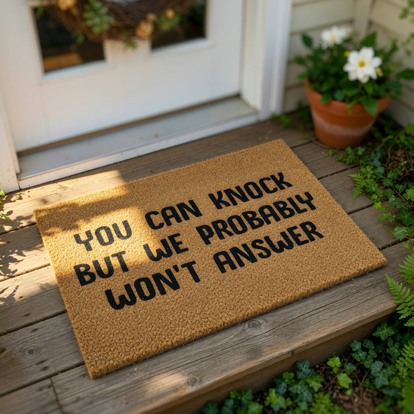 Funny doormat with the text You Can Knock But We Probably Won't Answer printed in bold black letters on a natural coir fiber welcome mat, perfect for a humorous front porch decor or a sarcastic housewarming entry rug for your