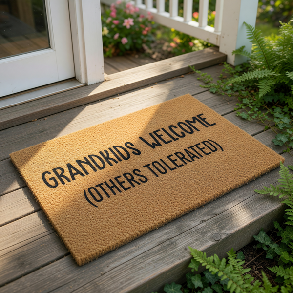 Grandkids Welcome doormat with funny text for grandparents, featuring a natural coir fiber welcome mat for the front porch that says Grandkids Welcome Others Tolerated in bold black lettering for a humorous home entryway decor.