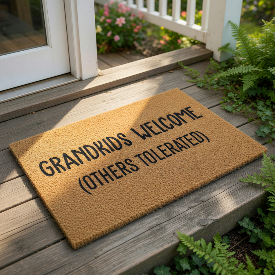 Grandkids Welcome doormat with funny text for grandparents, featuring a natural coir fiber welcome mat for the front porch that says Grandkids Welcome Others Tolerated in bold black lettering for a humorous home entryway decor.
