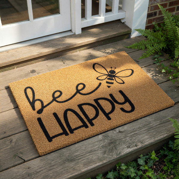 Bee Happy coir doormat featuring a cute bumblebee illustration and black typography on a natural fiber welcome mat, perfect for a farmhouse porch decor, front door entrance, or a cheerful home entryway floor rug for guests.