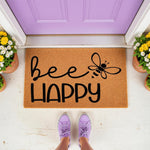 Bee Happy doormat featuring a cute insect design on natural coir fiber, perfect as a front porch welcome mat or outdoor entryway rug for a cheerful home decor look that greets guests with a fun and stylish message at your front