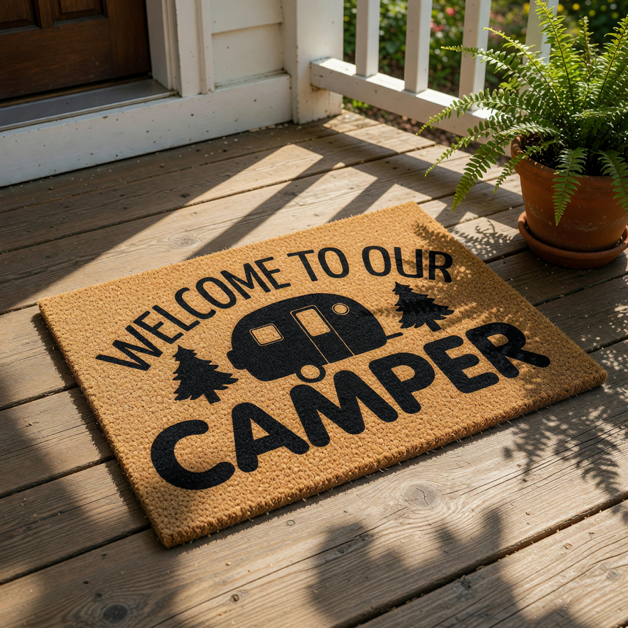 Welcome to our camper doormat with a travel trailer and pine tree design, this natural coir fiber welcome mat is a fun outdoor rug for camping, RV living, or motorhome entryways, featuring durable material for your campsite decor.