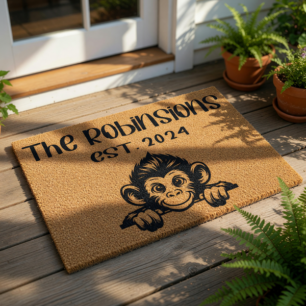 Personalized monkey doormat featuring a cute primate illustration and custom family name text, this durable coir welcome mat is a fun housewarming decor piece for your front porch or entryway floor, perfect for animal lovers.